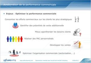 www.softcomputing.com Reproduction interdite sans l’accord écrit de Soft Computing 14/06/2013 6
Amélioration de la performance commerciale
• Enjeux : Optimiser la performance commerciale
Concentrer les efforts commerciaux sur les clients les plus stratégiques
Identifier des potentiels de vente additionnelle
Mieux appréhender les besoins clients
Réaliser des PAC personnalisés
Optimiser l’organisation commerciale (sectorisation, …)
Développer les ventes
 