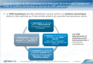 www.softcomputing.com Reproduction interdite sans l’accord écrit de Soft Computing 14/06/2013 9
Comment définir le CRM analytique et le distinguer de la Business Intelligence?
C’est un système dynamique au service du CRM opérationnel …
• Le CRM analytique doit être idéalement conçue comme un système dynamique
destiné à être optimisé au fil des années grâce à de nouvelles connaissances clients
1/ Rassembler les données
dans un datawarehouse
Enrichissement, qualification,
normalisation …
2/ Analyser ces données pour
leur donner une valeur
ajoutée
Valeur client, segmentation,
attentes du client … détection des
potentiels
3/ Transposer le résultat des
analyses en actions (PAC)
Classifier les clients pour choisir
l’approche ou le canal de
distribution adéquat
4/ Réintroduire le résultat de
ces actions dans la base de
données (pour capitaliser et
enrichir les actions futures)
Les CRM
opérationnel et
analytique sont
intimement liés et
s’alimentent
mutuellement
 