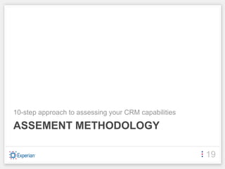 10-step approach to assessing your CRM capabilities

ASSEMENT METHODOLOGY

                                                      19
 