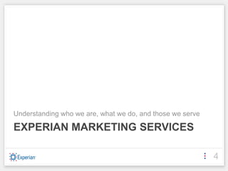 Understanding who we are, what we do, and those we serve

EXPERIAN MARKETING SERVICES

                                                           4
 
