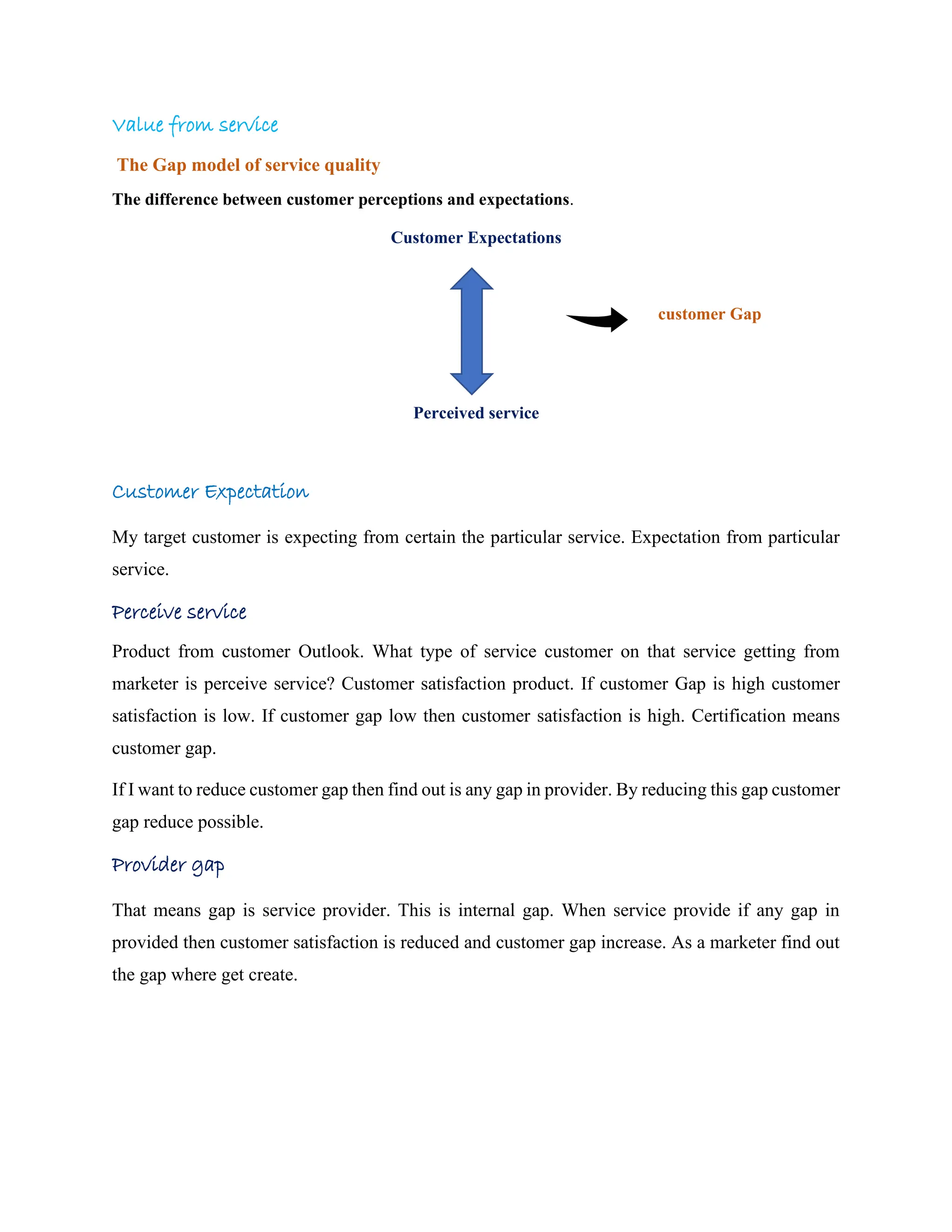 Value from service
The Gap model of service quality
The difference between customer perceptions and expectations.
Customer Expectations
customer Gap
Perceived service
Customer Expectation
My target customer is expecting from certain the particular service. Expectation from particular
service.
Perceive service
Product from customer Outlook. What type of service customer on that service getting from
marketer is perceive service? Customer satisfaction product. If customer Gap is high customer
satisfaction is low. If customer gap low then customer satisfaction is high. Certification means
customer gap.
If I want to reduce customer gap then find out is any gap in provider. By reducing this gap customer
gap reduce possible.
Provider gap
That means gap is service provider. This is internal gap. When service provide if any gap in
provided then customer satisfaction is reduced and customer gap increase. As a marketer find out
the gap where get create.
 
