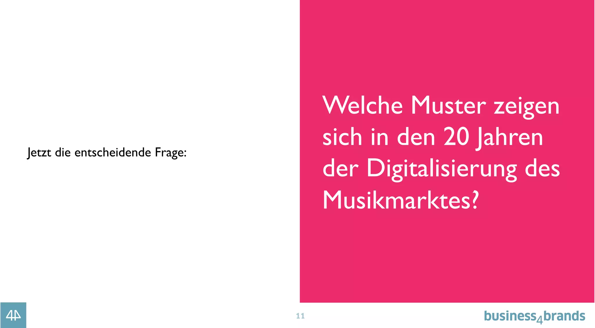 11
Jetzt die entscheidende Frage:
Welche Muster zeigen
sich in den 20 Jahren
der Digitalisierung des
Musikmarktes?
 