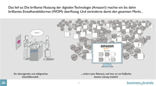 9
Das lief so: Die brilliante Nutzung der digitalen Technologie (Amazon!) machte ein bis dahin
brilliantes Einzelhandelsformat (WOM) überﬂüssig. Und veränderte damit den gesamten Markt...
Ein überragendes und erfolgreiches
Geschäftsmodell...
... verliert seine Relevanz, weil eine um einVielfaches
bessere Lösung entsteht!
 