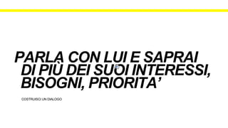 COSTRUISCI UN DIALOGO
PARLA CON LUI E SAPRAI
DI PIÙ DEI SUOI INTERESSI,
BISOGNI, PRIORITA’
 