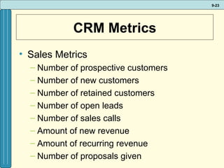 CRM Metrics Sales Metrics Number of prospective customers Number of new customers Number of retained customers Number of open leads Number of sales calls Amount of new revenue Amount of recurring revenue Number of proposals given 