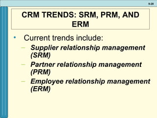 CRM TRENDS: SRM, PRM, AND ERM Current trends include: Supplier relationship management (SRM)   Partner relationship management (PRM)  Employee relationship management (ERM)  
