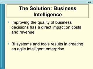 The Solution: Business Intelligence Improving the quality of business decisions has a direct impact on costs and revenue BI systems and tools results in creating an agile intelligent enterprise 