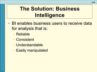 The Solution: Business Intelligence BI enables business users to receive data for analysis that is: Reliable Consistent Understandable Easily manipulated 