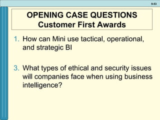 OPENING CASE QUESTIONS Customer First Awards How can Mini use tactical, operational, and strategic BI What types of ethical and security issues will companies face when using business intelligence? 