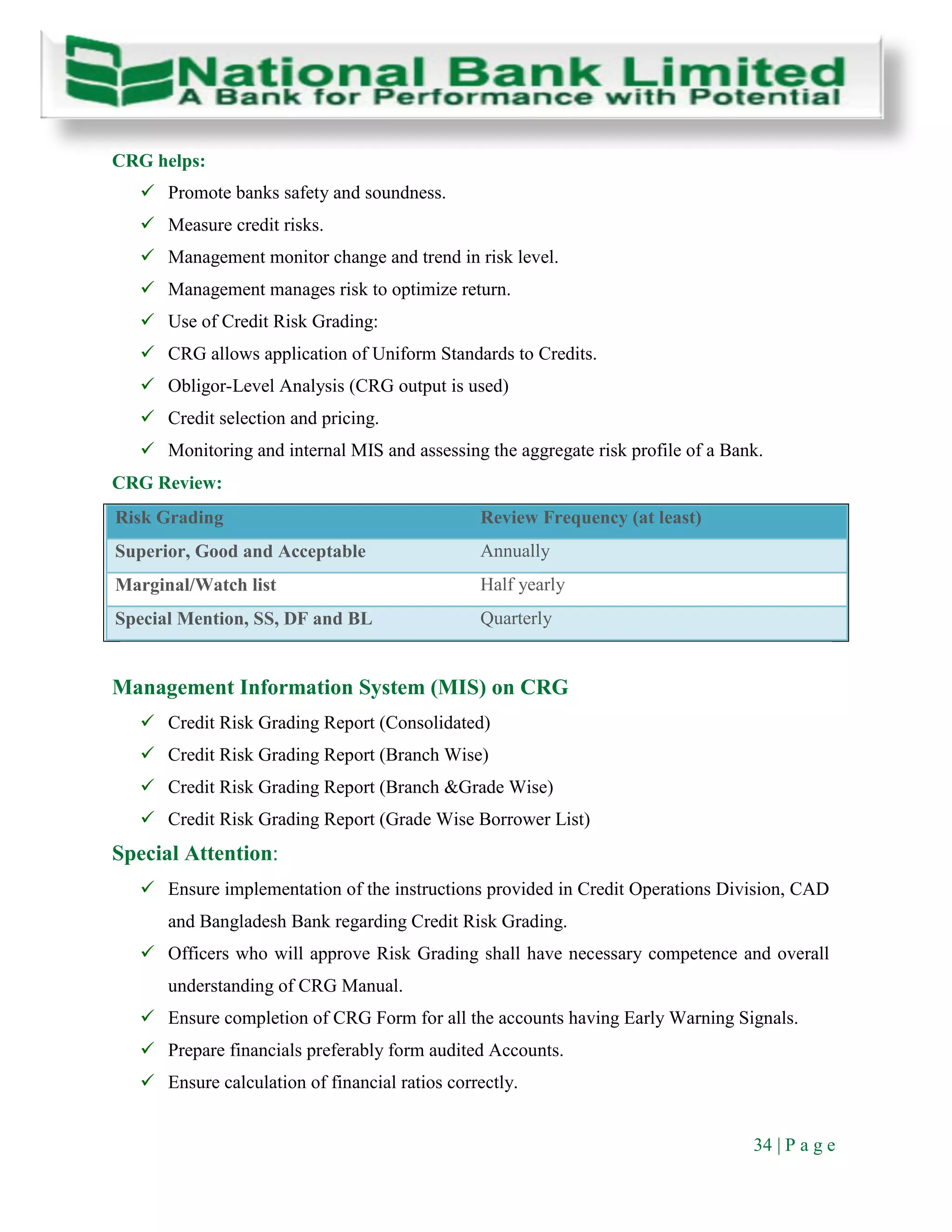 34 | P a g e
CRG helps:
 Promote banks safety and soundness.
 Measure credit risks.
 Management monitor change and trend in risk level.
 Management manages risk to optimize return.
 Use of Credit Risk Grading:
 CRG allows application of Uniform Standards to Credits.
 Obligor-Level Analysis (CRG output is used)
 Credit selection and pricing.
 Monitoring and internal MIS and assessing the aggregate risk profile of a Bank.
CRG Review:
Risk Grading Review Frequency (at least)
Superior, Good and Acceptable Annually
Marginal/Watch list Half yearly
Special Mention, SS, DF and BL Quarterly
Management Information System (MIS) on CRG
 Credit Risk Grading Report (Consolidated)
 Credit Risk Grading Report (Branch Wise)
 Credit Risk Grading Report (Branch &Grade Wise)
 Credit Risk Grading Report (Grade Wise Borrower List)
Special Attention:
 Ensure implementation of the instructions provided in Credit Operations Division, CAD
and Bangladesh Bank regarding Credit Risk Grading.
 Officers who will approve Risk Grading shall have necessary competence and overall
understanding of CRG Manual.
 Ensure completion of CRG Form for all the accounts having Early Warning Signals.
 Prepare financials preferably form audited Accounts.
 Ensure calculation of financial ratios correctly.
 