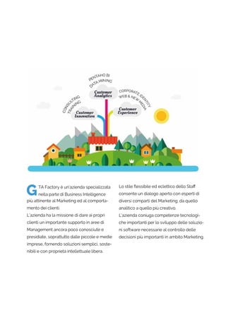 TA Factory è un’azienda specializzata
nella parte di Business Intelligence
più attinente al Marketing ed al comporta-
mento dei clienti.
L’azienda ha la missione di dare ai propri
clienti un importante supporto in aree di
Management ancora poco conosciute e
presidiate, soprattutto dalle piccole e medie
imprese, fornendo soluzioni semplici, soste-
nibili e con proprietà intellettuale libera.
Lo stile ﬂessibile ed eclettico dello Staﬀ
consente un dialogo aperto con esperti di
diversi comparti del Marketing: da quello
analitico a quello più creativo.
L’azienda coniuga competenze tecnologi-
che importanti per lo sviluppo delle soluzio-
ni software necessarie al controllo delle
decisioni più importanti in ambito Marketing.
G
 
