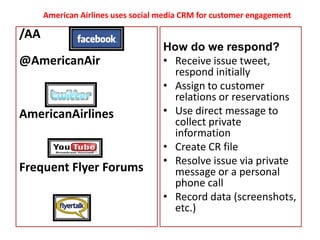 American Airlines uses social media CRM for customer engagement

/AA
                                    How do we respond?
@AmericanAir                        • Receive issue tweet,
                                      respond initially
                                    • Assign to customer
                                      relations or reservations
AmericanAirlines                    • Use direct message to
                                      collect private
                                      information
                                    • Create CR file
                                    • Resolve issue via private
Frequent Flyer Forums                 message or a personal
                                      phone call
                                    • Record data (screenshots,
                                      etc.)
 