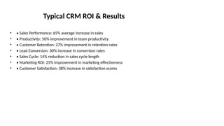 Typical CRM ROI & Results
• • Sales Performance: 65% average increase in sales
• • Productivity: 50% improvement in team productivity
• • Customer Retention: 27% improvement in retention rates
• • Lead Conversion: 30% increase in conversion rates
• • Sales Cycle: 14% reduction in sales cycle length
• • Marketing ROI: 25% improvement in marketing effectiveness
• • Customer Satisfaction: 38% increase in satisfaction scores
 