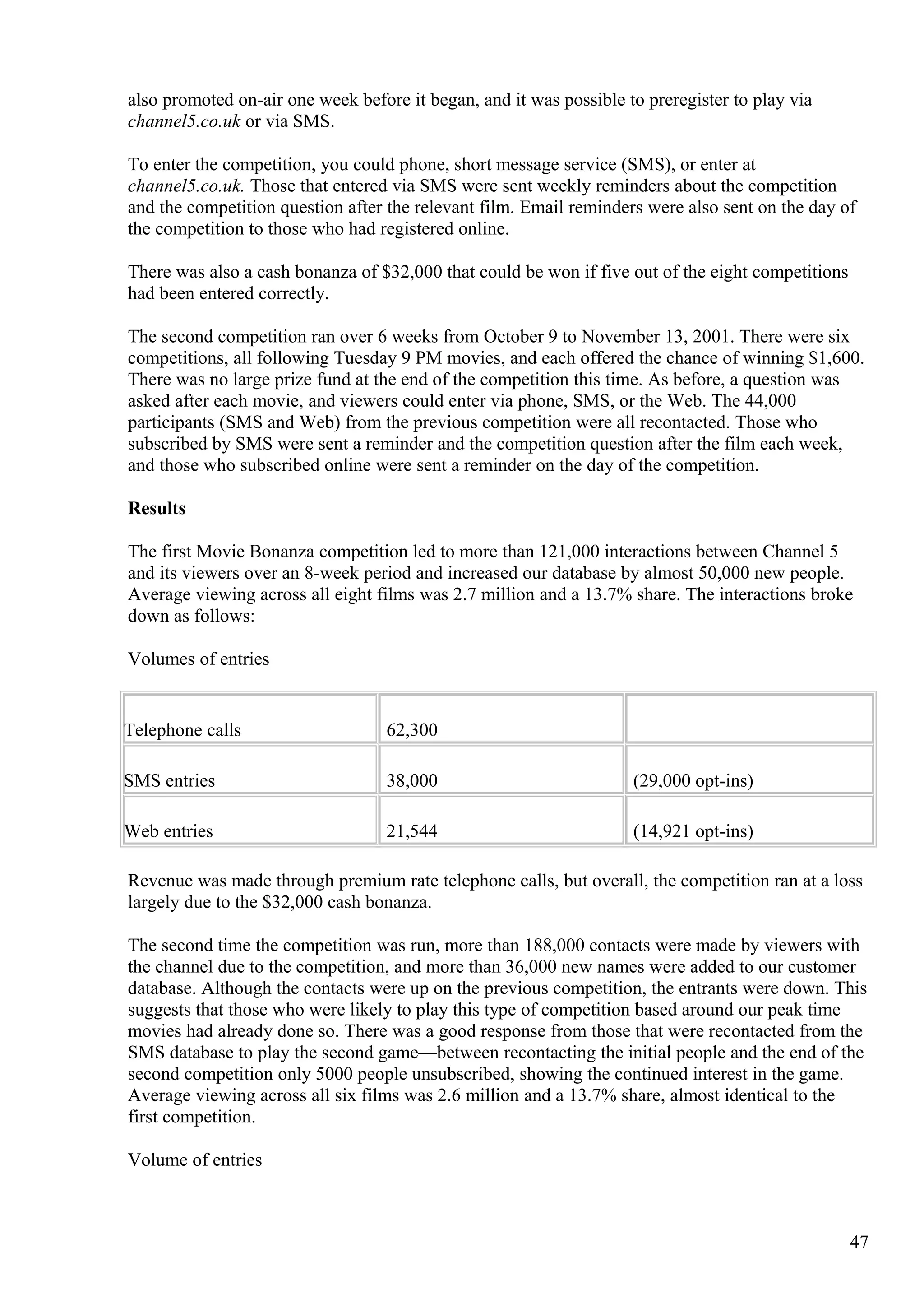 also promoted on-air one week before it began, and it was possible to preregister to play via
channel5.co.uk or via SMS.
To enter the competition, you could phone, short message service (SMS), or enter at
channel5.co.uk. Those that entered via SMS were sent weekly reminders about the competition
and the competition question after the relevant film. Email reminders were also sent on the day of
the competition to those who had registered online.
There was also a cash bonanza of $32,000 that could be won if five out of the eight competitions
had been entered correctly.
The second competition ran over 6 weeks from October 9 to November 13, 2001. There were six
competitions, all following Tuesday 9 PM movies, and each offered the chance of winning $1,600.
There was no large prize fund at the end of the competition this time. As before, a question was
asked after each movie, and viewers could enter via phone, SMS, or the Web. The 44,000
participants (SMS and Web) from the previous competition were all recontacted. Those who
subscribed by SMS were sent a reminder and the competition question after the film each week,
and those who subscribed online were sent a reminder on the day of the competition.
Results
The first Movie Bonanza competition led to more than 121,000 interactions between Channel 5
and its viewers over an 8-week period and increased our database by almost 50,000 new people.
Average viewing across all eight films was 2.7 million and a 13.7% share. The interactions broke
down as follows:
Volumes of entries
Telephone calls 62,300
SMS entries 38,000 (29,000 opt-ins)
Web entries 21,544 (14,921 opt-ins)
Revenue was made through premium rate telephone calls, but overall, the competition ran at a loss
largely due to the $32,000 cash bonanza.
The second time the competition was run, more than 188,000 contacts were made by viewers with
the channel due to the competition, and more than 36,000 new names were added to our customer
database. Although the contacts were up on the previous competition, the entrants were down. This
suggests that those who were likely to play this type of competition based around our peak time
movies had already done so. There was a good response from those that were recontacted from the
SMS database to play the second game—between recontacting the initial people and the end of the
second competition only 5000 people unsubscribed, showing the continued interest in the game.
Average viewing across all six films was 2.6 million and a 13.7% share, almost identical to the
first competition.
Volume of entries
47
 