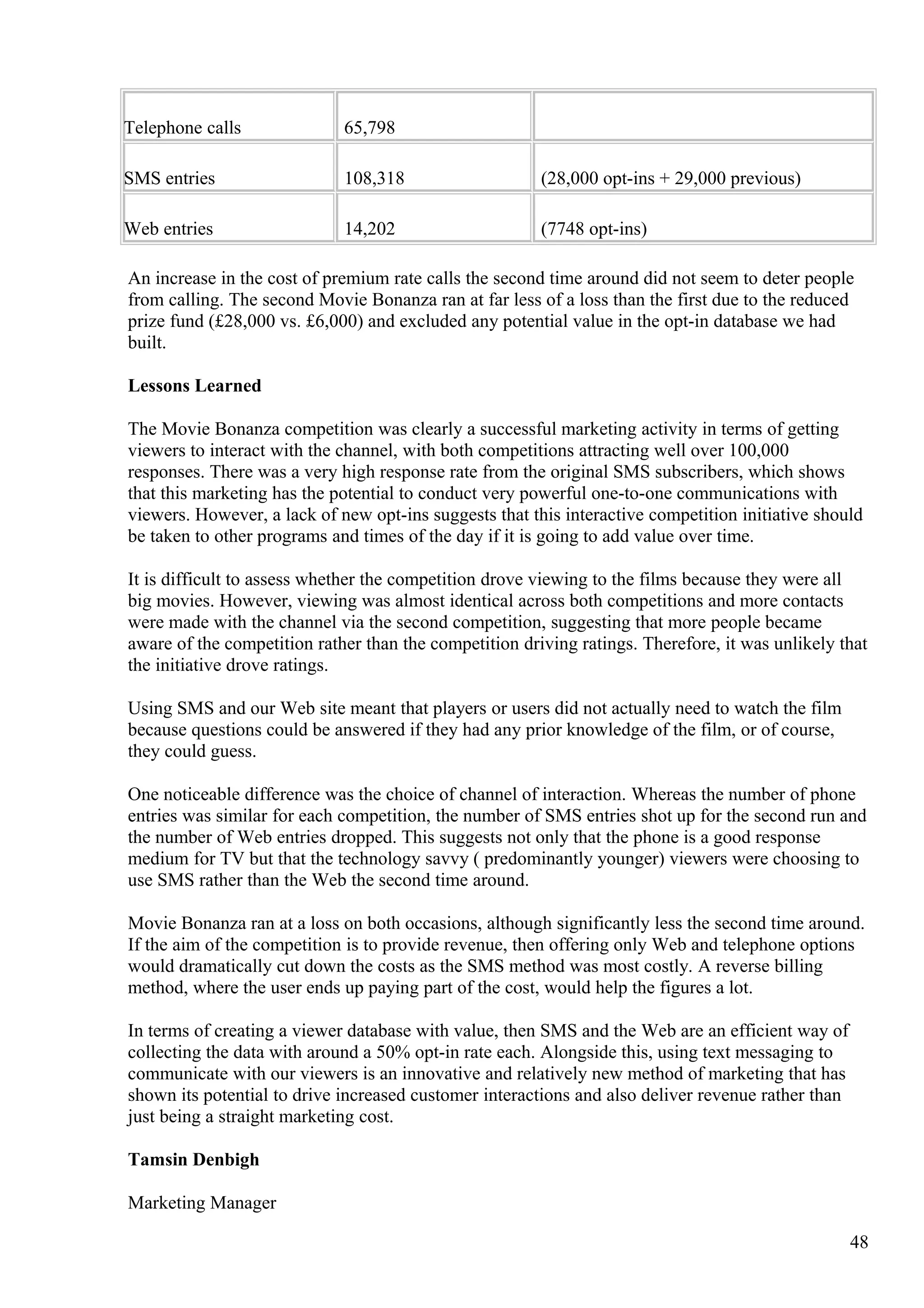 Telephone calls 65,798
SMS entries 108,318 (28,000 opt-ins + 29,000 previous)
Web entries 14,202 (7748 opt-ins)
An increase in the cost of premium rate calls the second time around did not seem to deter people
from calling. The second Movie Bonanza ran at far less of a loss than the first due to the reduced
prize fund (£28,000 vs. £6,000) and excluded any potential value in the opt-in database we had
built.
Lessons Learned
The Movie Bonanza competition was clearly a successful marketing activity in terms of getting
viewers to interact with the channel, with both competitions attracting well over 100,000
responses. There was a very high response rate from the original SMS subscribers, which shows
that this marketing has the potential to conduct very powerful one-to-one communications with
viewers. However, a lack of new opt-ins suggests that this interactive competition initiative should
be taken to other programs and times of the day if it is going to add value over time.
It is difficult to assess whether the competition drove viewing to the films because they were all
big movies. However, viewing was almost identical across both competitions and more contacts
were made with the channel via the second competition, suggesting that more people became
aware of the competition rather than the competition driving ratings. Therefore, it was unlikely that
the initiative drove ratings.
Using SMS and our Web site meant that players or users did not actually need to watch the film
because questions could be answered if they had any prior knowledge of the film, or of course,
they could guess.
One noticeable difference was the choice of channel of interaction. Whereas the number of phone
entries was similar for each competition, the number of SMS entries shot up for the second run and
the number of Web entries dropped. This suggests not only that the phone is a good response
medium for TV but that the technology savvy ( predominantly younger) viewers were choosing to
use SMS rather than the Web the second time around.
Movie Bonanza ran at a loss on both occasions, although significantly less the second time around.
If the aim of the competition is to provide revenue, then offering only Web and telephone options
would dramatically cut down the costs as the SMS method was most costly. A reverse billing
method, where the user ends up paying part of the cost, would help the figures a lot.
In terms of creating a viewer database with value, then SMS and the Web are an efficient way of
collecting the data with around a 50% opt-in rate each. Alongside this, using text messaging to
communicate with our viewers is an innovative and relatively new method of marketing that has
shown its potential to drive increased customer interactions and also deliver revenue rather than
just being a straight marketing cost.
Tamsin Denbigh
Marketing Manager
48
 