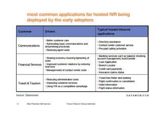 most common applications for hosted IVR being
     deployed by the early adopters




23   Best Practices Self-service   France Telecom Group restricted
 