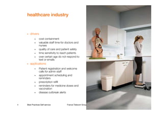 healthcare industry


       drivers
            •    cost containment
            •    valuable staff time for doctors and
                 nurses
            •    quality of care and patient safety
            •    time sensitivity to reach patients
            •    over certain age do not respond to
                 text or emails
       applications
            •    Patient registration and welcome
                 calls for admin staff
            •    appointment scheduling and
                 reminders
            •    prescription refill
            •    reminders for medicine doses and
                 vaccination
            •    disease outbreak alerts



9   Best Practices Self-service          France Telecom Group restricted
 