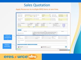 10
Sales Quotation
Apply Resources to multiple BOQ Items at one time.
Amount
Destributio
n
Related
Associate
 