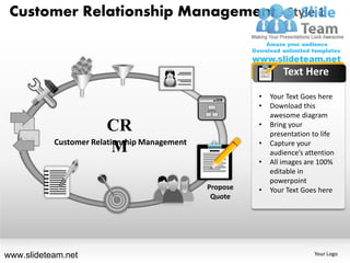 Customer Relationship Management - Style 1


                                                                Text Here

                                                        •   Your Text Goes here
                                                        •   Download this
                                                            awesome diagram
                        CR                              •   Bring your
                                                            presentation to life
           Customer Relationship Management             •   Capture your
                          M                                 audience’s attention
                                                        •   All images are 100%
                                                            editable in
                                                            powerpoint
                                              Propose   •   Your Text Goes here
                                               Quote




www.slideteam.net                                                        Your Logo
 