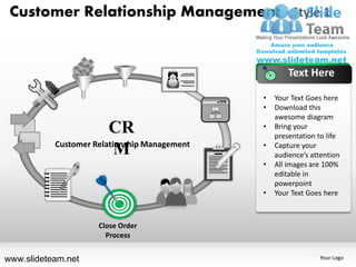 Customer Relationship Management - Style 1


                                                      Text Here

                                              •   Your Text Goes here
                                              •   Download this
                                                  awesome diagram
                        CR                    •   Bring your
                                                  presentation to life
           Customer Relationship Management   •   Capture your
                          M                       audience’s attention
                                              •   All images are 100%
                                                  editable in
                                                  powerpoint
                                              •   Your Text Goes here



                     Close Order
                       Process


www.slideteam.net                                              Your Logo
 