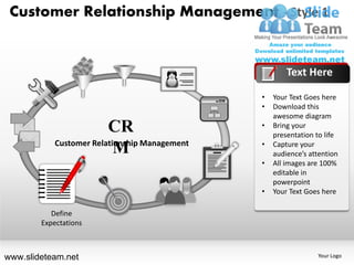 Customer Relationship Management - Style 1


                                                       Text Here

                                               •   Your Text Goes here
                                               •   Download this
                                                   awesome diagram
                         CR                    •   Bring your
                                                   presentation to life
            Customer Relationship Management   •   Capture your
                           M                       audience’s attention
                                               •   All images are 100%
                                                   editable in
                                                   powerpoint
                                               •   Your Text Goes here

           Define
        Expectations



www.slideteam.net                                               Your Logo
 