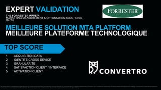 EXPERT VALIDATION
MEILLEURE SOLUTION MTA PLATFORM
MEILLEURE PLATEFORME TECHNOLOGIQUE
The Forrester Wave™ is copyrighted by Forrester Research, Inc. Forrester and Forrester Wave™ are trademarks of Forrester Research, Inc. The Forrester Wave™ is a graphical representation of Forrester's call on a market and is plotted using a detailed spreadsheet with exposed scores, weightings, and comments. Forrester does not endorse any
vendor, product, or service depicted in the Forrester Wave. Information is based on best available resources. Opinions reflect judgment at the time and are subject to change.
THE FORRESTER WAVE™:
MARKETING MEASUREMENT & OPTIMIZATION SOLUTIONS,
Q4 ‘16
1. ACQUISITION DATA
2. IDENTITE CROSS DEVICE
3. GRANULARITE
4. SATISFACTION CLIENT / INTERFACE
5. ACTIVATION CLIENT
TOP SCORE
 