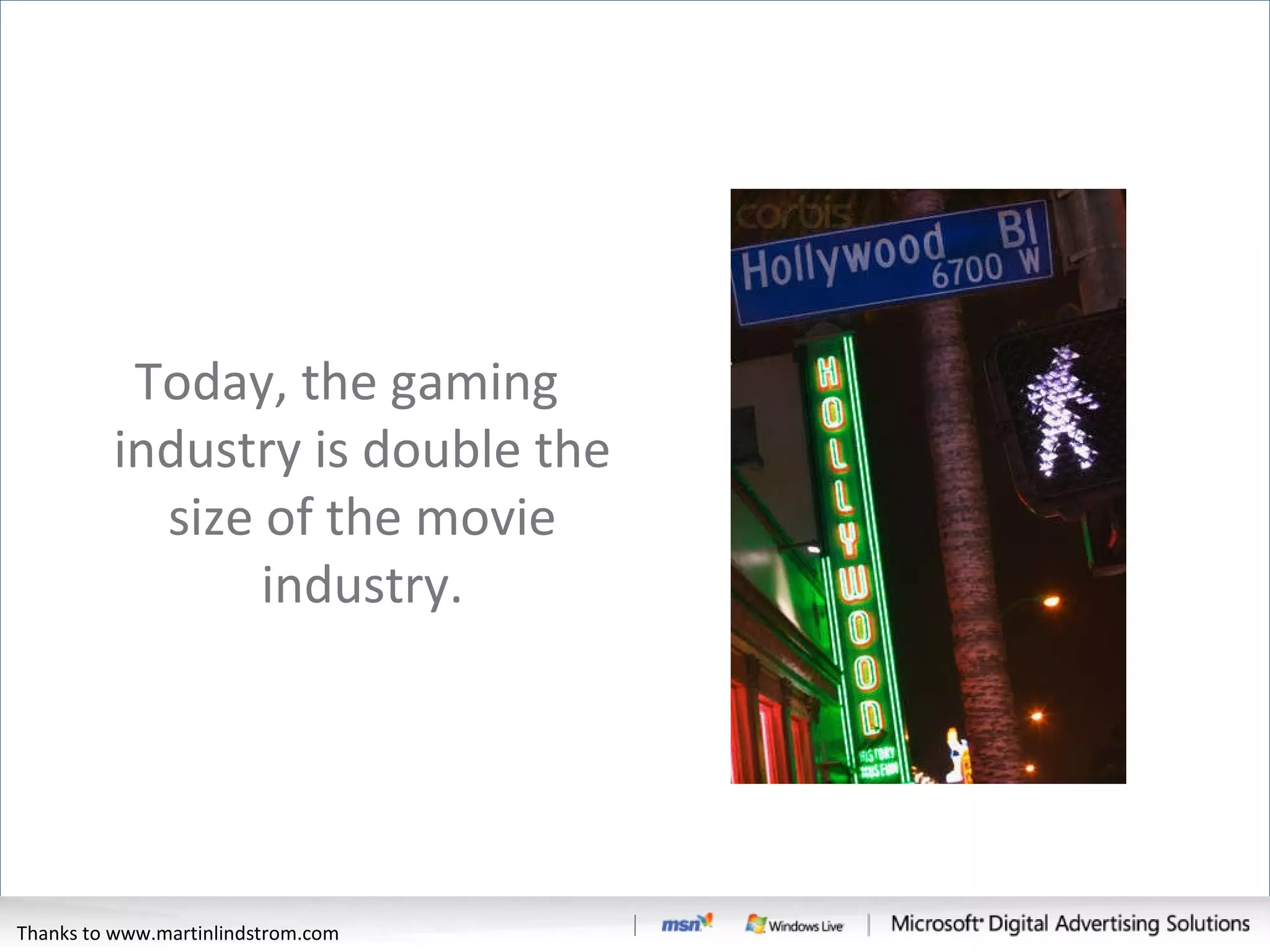 Today, the gaming industry is double the size of the movie industry. Thanks to www.martinlindstrom.com 