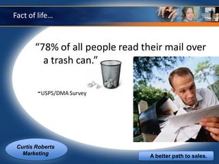 Fact of life…


       “78% of all people read their mail over
         a trash can.”

        -USPS/DMA Survey



 Curtis Roberts
   Marketing                     A better path to sales.
 