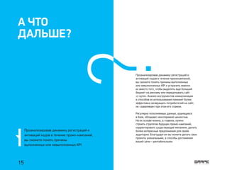 А ЧТО
ДАЛЬШЕ?
Проанализировав динамику регистраций и
активаций кодов в течение промо-кампаний,
вы сможете понять причины
выполненных или невыполненных KPI
Проанализировав динамику регистраций и
активаций кодов в течение промокампаний,
вы сможете понять причины выполненных
или невыполненных KPI и устранить именно
их вместо того, чтобы выделять еще больший
бюджет на рекламу или переделывать сайт
«с нуля». Анализ инструментов коммуникации
и способов их использования поможет более
эффективно возвращать потребителей на сайт,
не «заваливая» при этом его спамом.
Регулярно пополняемые данные, хранящиеся
в базе, обладают неоспоримой ценностью.
На их основе можно, а главное, нужно
строить стратегии будущих промо-кампаний,
корректировать существующие механики, делать
более интересные предложения для своей
аудитории. Благодаря им вы можете делать свои
проекты уникальными, а способы достижения
вашей цели – рентабельными.
?15
 