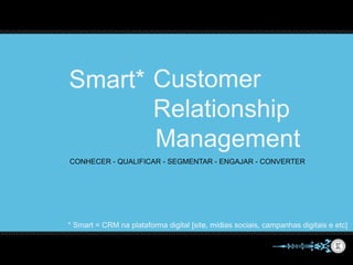 Smart*
* Smart = CRM na plataforma digital [site, mídias sociais, campanhas digitais e etc]
Customer
Relationship
Management
CONHECER - QUALIFICAR - SEGMENTAR - ENGAJAR - CONVERTER
 