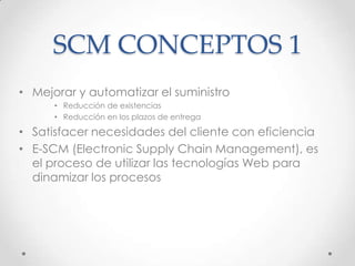 SCM CONCEPTOS 1
• Mejorar y automatizar el suministro
• Reducción de existencias
• Reducción en los plazos de entrega
• Satisfacer necesidades del cliente con eficiencia
• E-SCM (Electronic Supply Chain Management), es
el proceso de utilizar las tecnologías Web para
dinamizar los procesos
 