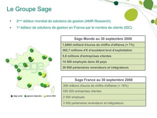 <ul><li>1 er  éditeur de solutions de gestion en France par le nombre de clients (IDC) </li></ul>Le Groupe Sage <ul><li>3 ...
