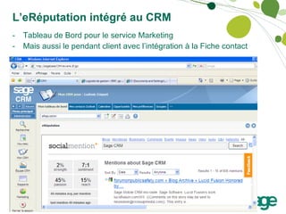 L’eRéputation intégré au CRM Tableau de Bord pour le service Marketing Mais aussi le pendant client avec l’intégration à la Fiche contact 