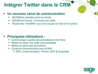 Un nouveau canal de communication 100 Millions comptes dans le monde 150 000 en France / 9 minutes par visite   Poster des “miniSMS” pour dire ce que l’on fait et l’on pense Principales Utilisations :  Communiquer auprès des journalistes et les Fans Mettre en place une veille concurrentielle Mettre en place des promotions Canal de communication pour le SAV DELL (multi-comptes) : Promo, SAV & Corporate 11 - Conférence ‘Médias Sociaux & Stratégie Marketing’ Intégrer Twitter dans le CRM 