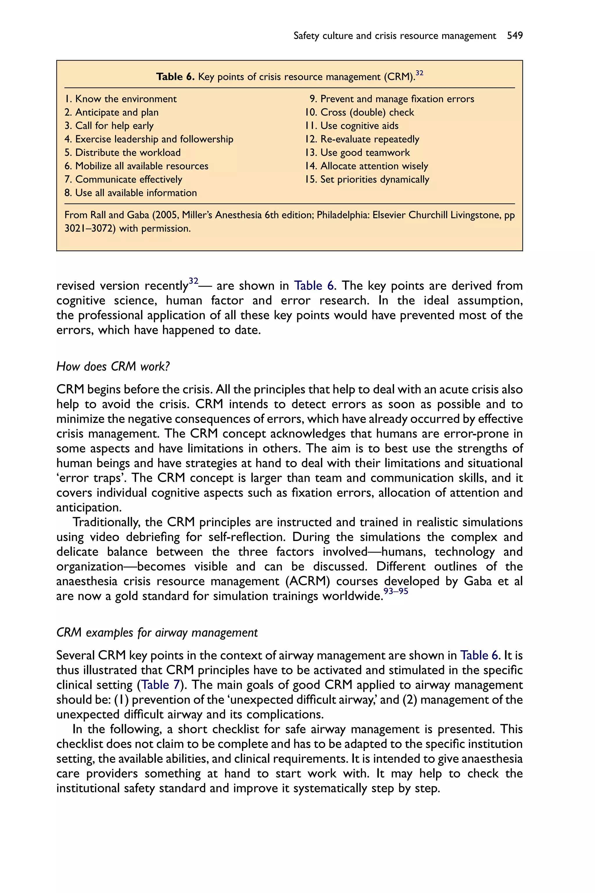 Safety culture and crisis resource management 549


                      Table 6. Key points of crisis resource management (CRM).32

 1. Know the environment                                  9. Prevent and manage ﬁxation errors
 2. Anticipate and plan                                  10. Cross (double) check
 3. Call for help early                                  11. Use cognitive aids
 4. Exercise leadership and followership                 12. Re-evaluate repeatedly
 5. Distribute the workload                              13. Use good teamwork
 6. Mobilize all available resources                     14. Allocate attention wisely
 7. Communicate effectively                              15. Set priorities dynamically
 8. Use all available information

 From Rall and Gaba (2005, Miller’s Anesthesia 6th edition; Philadelphia: Elsevier Churchill Livingstone, pp
 3021–3072) with permission.




revised version recently32— are shown in Table 6. The key points are derived from
cognitive science, human factor and error research. In the ideal assumption,
the professional application of all these key points would have prevented most of the
errors, which have happened to date.

How does CRM work?
CRM begins before the crisis. All the principles that help to deal with an acute crisis also
help to avoid the crisis. CRM intends to detect errors as soon as possible and to
minimize the negative consequences of errors, which have already occurred by effective
crisis management. The CRM concept acknowledges that humans are error-prone in
some aspects and have limitations in others. The aim is to best use the strengths of
human beings and have strategies at hand to deal with their limitations and situational
‘error traps’. The CRM concept is larger than team and communication skills, and it
covers individual cognitive aspects such as ﬁxation errors, allocation of attention and
anticipation.
   Traditionally, the CRM principles are instructed and trained in realistic simulations
using video debrieﬁng for self-reﬂection. During the simulations the complex and
delicate balance between the three factors involved—humans, technology and
organization—becomes visible and can be discussed. Different outlines of the
anaesthesia crisis resource management (ACRM) courses developed by Gaba et al
are now a gold standard for simulation trainings worldwide.93–95

CRM examples for airway management
Several CRM key points in the context of airway management are shown in Table 6. It is
thus illustrated that CRM principles have to be activated and stimulated in the speciﬁc
clinical setting (Table 7). The main goals of good CRM applied to airway management
should be: (1) prevention of the ‘unexpected difﬁcult airway,’ and (2) management of the
unexpected difﬁcult airway and its complications.
    In the following, a short checklist for safe airway management is presented. This
checklist does not claim to be complete and has to be adapted to the speciﬁc institution
setting, the available abilities, and clinical requirements. It is intended to give anaesthesia
care providers something at hand to start work with. It may help to check the
institutional safety standard and improve it systematically step by step.
 