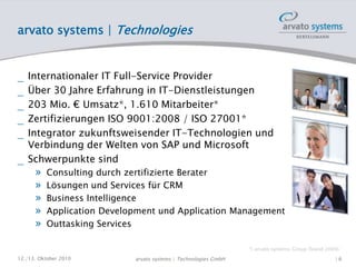 arvato systems | Technologies
 Internationaler IT Full-Service Provider
 Über 30 Jahre Erfahrung in IT-Dienstleistungen
 203 Mio. € Umsatz*, 1.610 Mitarbeiter*
 Zertifizierungen ISO 9001:2008 / ISO 27001*
 Integrator zukunftsweisender IT-Technologien und
Verbindung der Welten von SAP und Microsoft
 Schwerpunkte sind
» Consulting durch zertifizierte Berater
» Lösungen und Services für CRM
» Business Intelligence
» Application Development und Application Management
» Outtasking Services
*) arvato systems Group (Stand 2009)
12./13. Oktober 2010 | 6arvato systems | Technologies GmbH
 