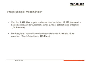 Praxis-Beispiel: Möbelhändler 
• Von den 1,427 Mio. angeschriebenen Kunden haben 19.678 Kunden im 
Folgemonat nach der Ansprache einen Einkauf getätigt (dies entspricht 
1,38 Prozent). 
BI und Big Data 
Folie 20 
• Die Reagierer haben Waren im Gesamtwert von 5,291 Mio. Euro 
erworben (Durch-Schnittsbon 269 Euro). 
 