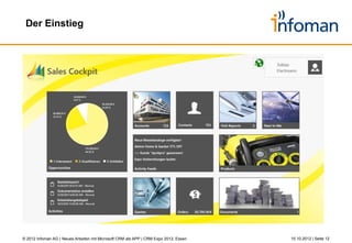 Produkt-Informationen




© 2012 Infoman AG | Neues Arbeiten mit Microsoft CRM als APP | CRM Expo 2012, Essen   26.10.2012 | Seite 12
 