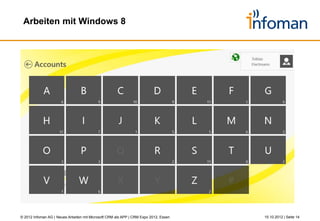 Der Service Report im Detail




© 2012 Infoman AG | Neues Arbeiten mit Microsoft CRM als APP | CRM Expo 2012, Essen   26.10.2012 | Seite 14
 