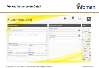 Infoman AG im Überblick




       2
              1         3




      Nummer 1                                Branchen-                                    Starke        Namhafte Kunden
    Microsoft-CRM-                           Know-how &                               Partnerschaften      aus über 100
     Partner in DE                        Industrietemplates                          für Ihren Erfolg    CRM-Projekten




© 2012 Infoman AG | Neues Arbeiten mit Microsoft CRM als APP | CRM Expo 2012, Essen                            26.10.2012 | Seite 16
 