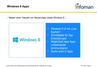 Windows 8 Apps: Revolution statt Evolution




                                                                Corporate App Store

© 2012 Infoman AG | Neues Arbeiten mit Microsoft CRM als APP | CRM Expo 2012, Essen   26.10.2012 | Seite 6
 
