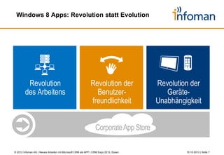 Agenda




         1          Warum Apps & Apps vs. Anwendungen

         2          Windows 8 Revolution statt Evolution

         3          Showcase

         4          Kurzvorstellung Infoman AG

         5          Zusammenfassung



© 2012 Infoman AG | Neues Arbeiten mit Microsoft CRM als APP | CRM Expo 2012, Essen   26.10.2012 | Seite 7
 