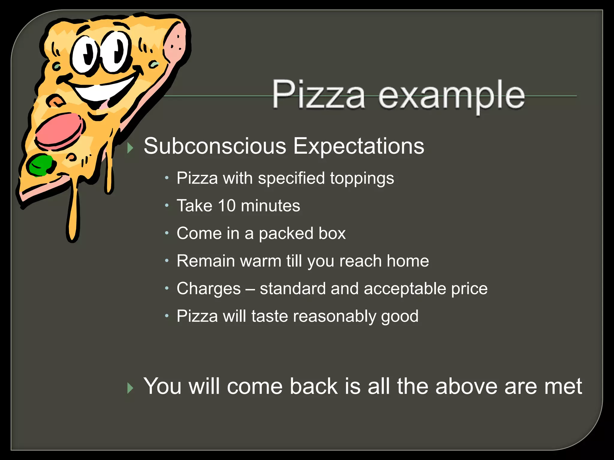  Subconscious Expectations
 Pizza with specified toppings
 Take 10 minutes
 Come in a packed box
 Remain warm till you reach home
 Charges – standard and acceptable price
 Pizza will taste reasonably good
 You will come back is all the above are met
 