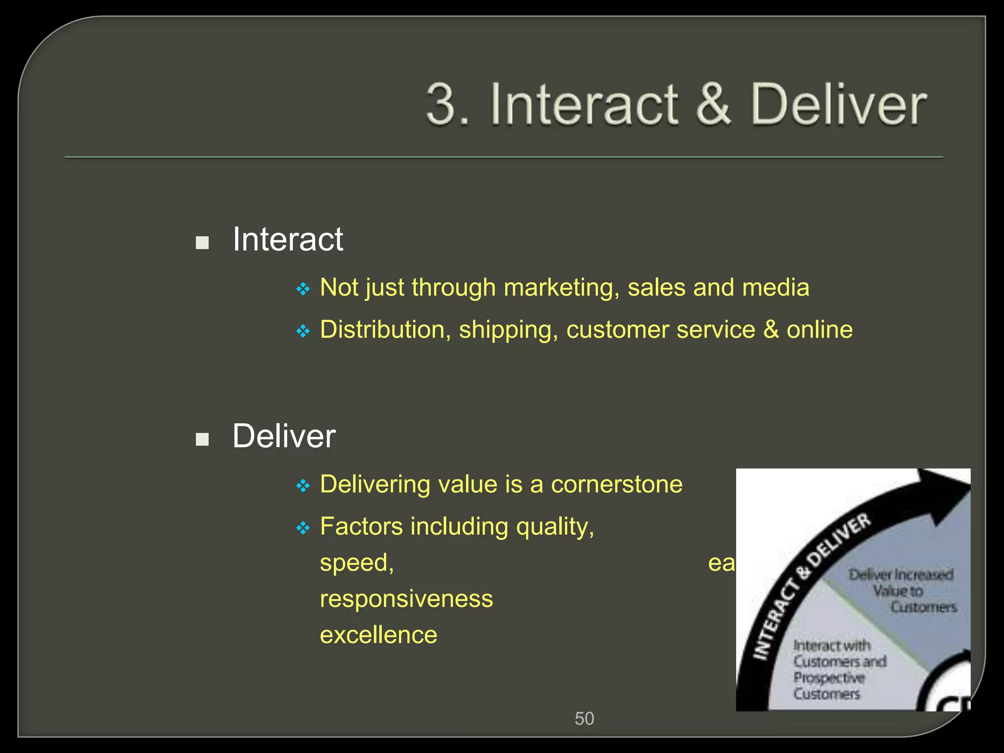 50
 Interact
 Not just through marketing, sales and media
 Distribution, shipping, customer service & online
 Deliver
 Delivering value is a cornerstone
 Factors including quality, convenience,
speed, ease of use,
responsiveness and service
excellence
 