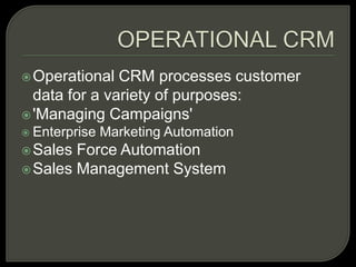 Operational CRM processes customer
data for a variety of purposes:
'Managing Campaigns'
 Enterprise Marketing Automation
Sales Force Automation
Sales Management System
 