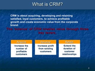 44
TheThe ‘‘sciencescience’’ of CRM creates value through threeof CRM creates value through three
key levers.key levers.
AcquireAcquire
•Increase theIncrease the
number ofnumber of
profitableprofitable
customerscustomers
RetainRetain
•Extend theExtend the
duration ofduration of
customercustomer
relationshipsrelationships
CRM is about acquiring, developing and retaining
satisfied, loyal customers, to achieve profitable
growth and create economic value from the corporate
brand.
DevelopDevelop
•Increase profitIncrease profit
•from existingfrom existing
•customerscustomers
What is CRM?What is CRM?
 