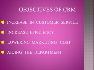 OBJECTIVES OF CRM
INCREASE IN CUSTOMER SERVICE
INCREASE EFFICIENCY
LOWERING MARKETING COST
AIDING THE DEPARTMENT
 