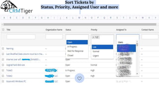 Sort Tickets by
Status, Priority, Assigned User and more
 