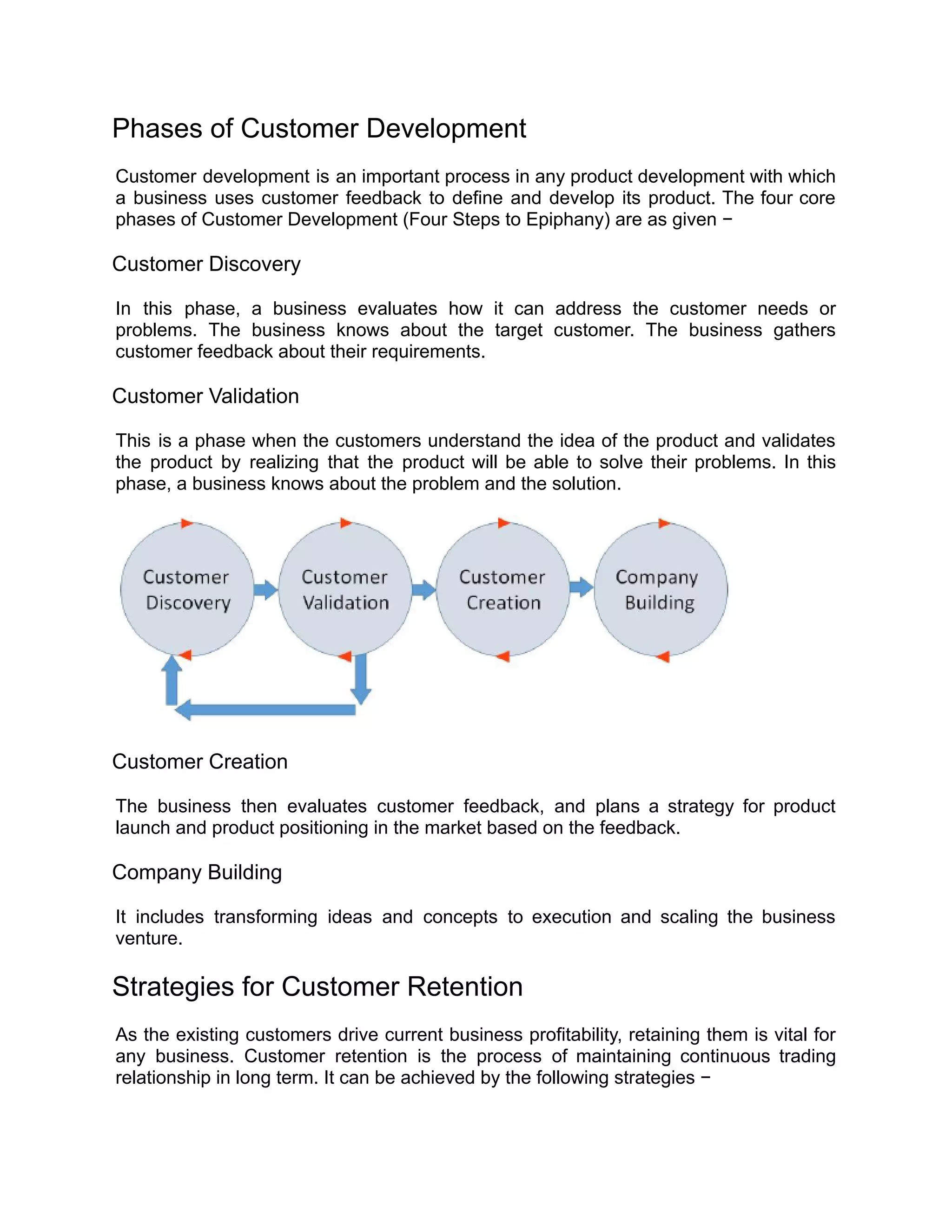 Phases of Customer Development
Customer development is an important process in any product development with which
a business uses customer feedback to define and develop its product. The four core
phases of Customer Development (Four Steps to Epiphany) are as given −
Customer Discovery
In this phase, a business evaluates how it can address the customer needs or
problems. The business knows about the target customer. The business gathers
customer feedback about their requirements.
Customer Validation
This is a phase when the customers understand the idea of the product and validates
the product by realizing that the product will be able to solve their problems. In this
phase, a business knows about the problem and the solution.
Customer Creation
The business then evaluates customer feedback, and plans a strategy for product
launch and product positioning in the market based on the feedback.
Company Building
It includes transforming ideas and concepts to execution and scaling the business
venture.
Strategies for Customer Retention
As the existing customers drive current business profitability, retaining them is vital for
any business. Customer retention is the process of maintaining continuous trading
relationship in long term. It can be achieved by the following strategies −
 