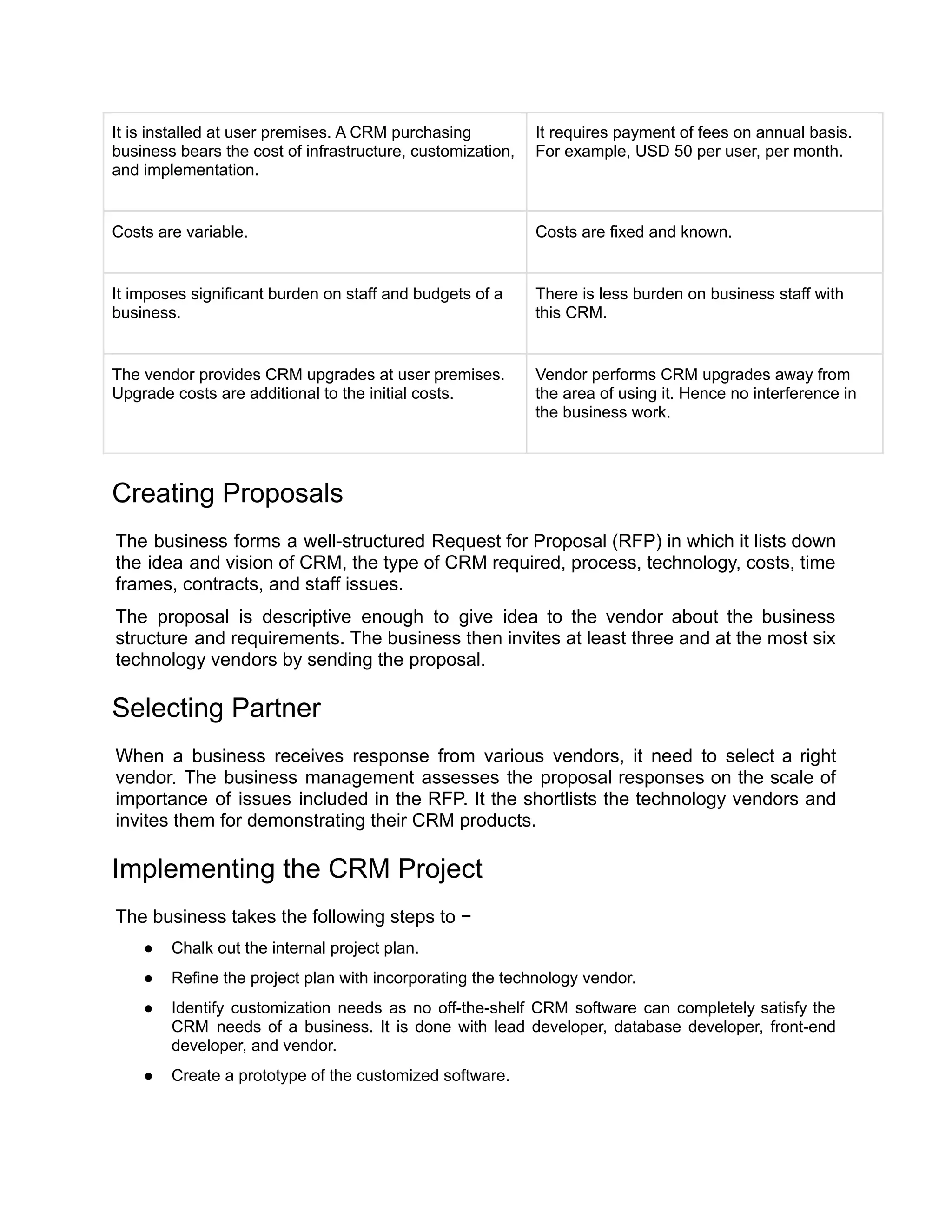 It is installed at user premises. A CRM purchasing
business bears the cost of infrastructure, customization,
and implementation.
It requires payment of fees on annual basis.
For example, USD 50 per user, per month.
Costs are variable. Costs are fixed and known.
It imposes significant burden on staff and budgets of a
business.
There is less burden on business staff with
this CRM.
The vendor provides CRM upgrades at user premises.
Upgrade costs are additional to the initial costs.
Vendor performs CRM upgrades away from
the area of using it. Hence no interference in
the business work.
Creating Proposals
The business forms a well-structured Request for Proposal (RFP) in which it lists down
the idea and vision of CRM, the type of CRM required, process, technology, costs, time
frames, contracts, and staff issues.
The proposal is descriptive enough to give idea to the vendor about the business
structure and requirements. The business then invites at least three and at the most six
technology vendors by sending the proposal.
Selecting Partner
When a business receives response from various vendors, it need to select a right
vendor. The business management assesses the proposal responses on the scale of
importance of issues included in the RFP. It the shortlists the technology vendors and
invites them for demonstrating their CRM products.
Implementing the CRM Project
The business takes the following steps to −
● Chalk out the internal project plan.
● Refine the project plan with incorporating the technology vendor.
● Identify customization needs as no off-the-shelf CRM software can completely satisfy the
CRM needs of a business. It is done with lead developer, database developer, front-end
developer, and vendor.
● Create a prototype of the customized software.
 